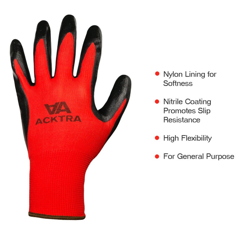 ACKTRA Nitrile Coated Safety WORK GLOVES 12 Pairs, WG003 Red/Black, Large - Image 4
